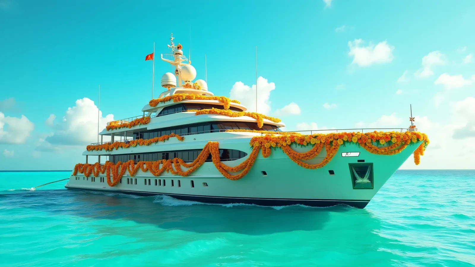 The yacht dressed in marigold garlands