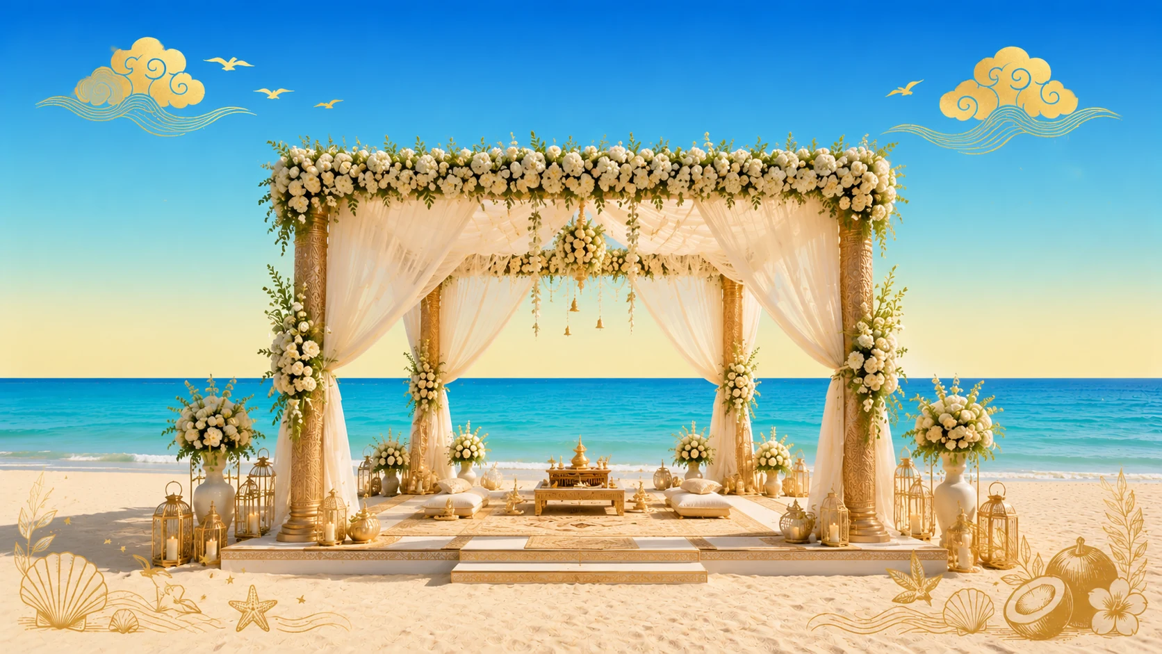 The oceanfront mandap at night